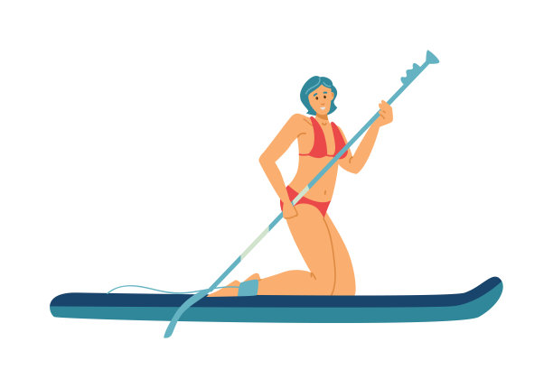 女子双膝站在桨板上，平面矢量插图孤立。图片下载