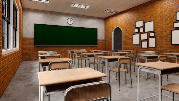 新常态教室和桌椅间距，防止新冠病毒(COVID-19)的传播。空教室是为了教和学。3 d渲染室内。图片下载