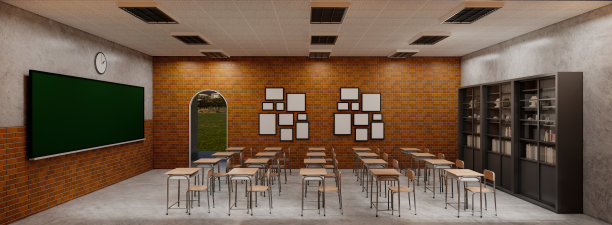 新常态教室和桌椅间距，防止新冠病毒(COVID-19)的传播。空教室是为了教和学。3 d渲染室内。图片下载