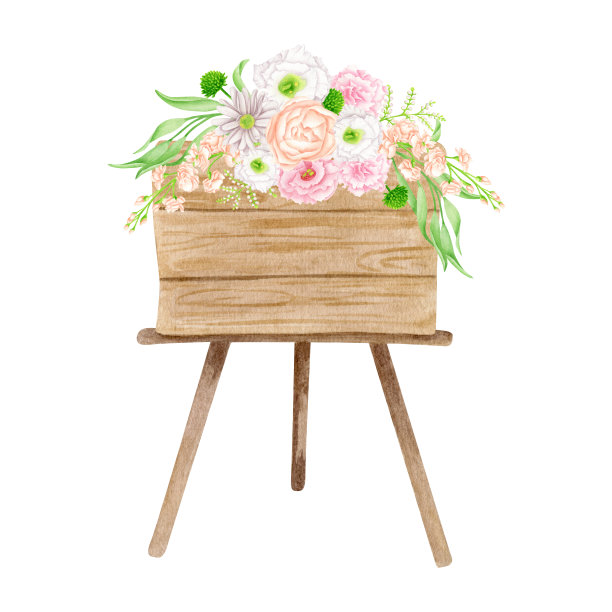水彩欢迎招牌插图。手绘木画架与花和叶子孤立在白色背景。乡村婚礼装饰草图，用于卡片，请柬，保存日期。图片下载