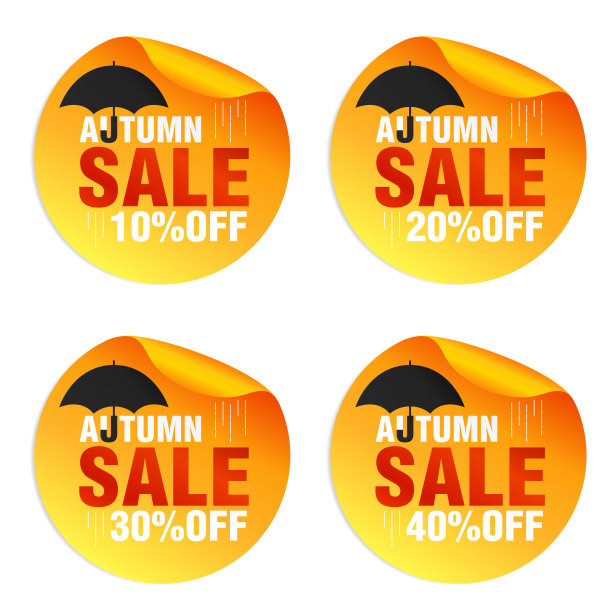 秋天出售橙色贴纸与伞。秋季大减价，九折，八折，七折，四折图片下载
