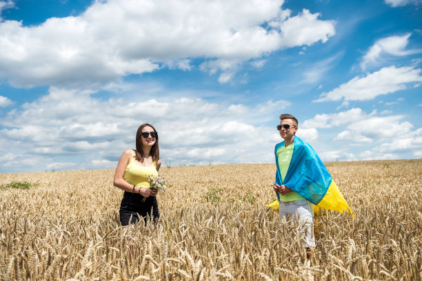 幸福的夫妇在麦田里举着乌克兰国旗图片下载