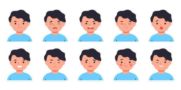 一系列孩子的情绪。面部表情。平的男孩阿凡达。平面子字符的矢量插图图片下载
