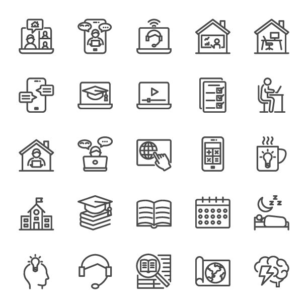 在线教育，E-learning细线图标集。简单的矢量图。图片下载