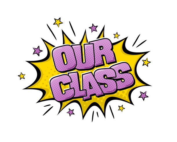 漫画我们的班级标志。卡通爆炸与明星在流行艺术风格。图片下载
