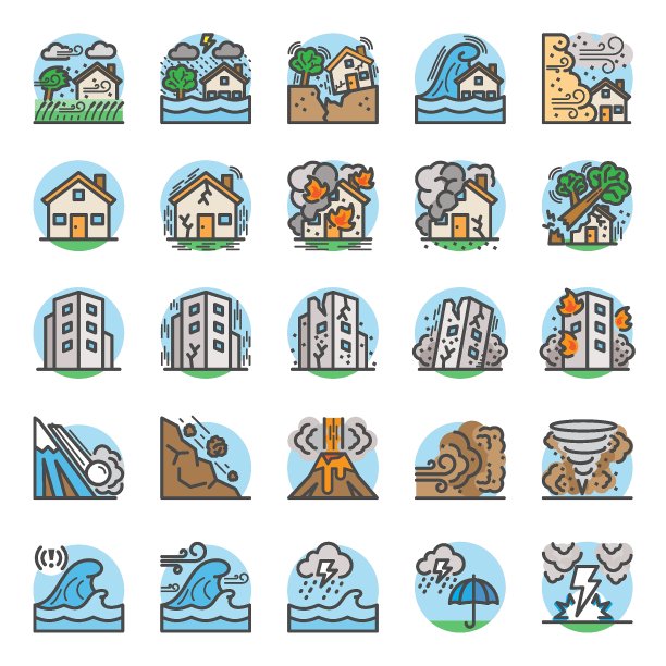 自然灾害，矢量插图的细线图标自然灾害包含这样的图标，如地震，洪水，海啸和其他图片下载