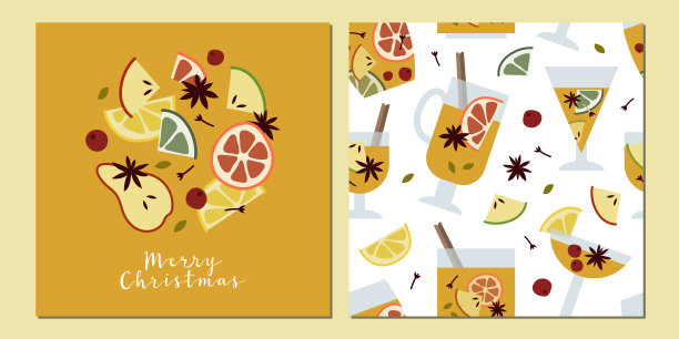 圣诞热白葡萄酒，柑橘类水果，苹果，肉桂，丁香，小豆蔻，茴香。秋天，冬天热饮在玻璃杯里。桑格利亚汽酒、苹果酒。传统的圣诞饮料。矢量平面卡通无缝图案图片下载