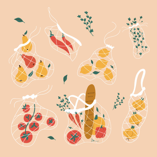 零浪费的生活方式。没有塑料。环保购物袋，可重复使用的装满蔬菜的网袋。自然保护旗帜，贴纸，海报。8、走绿色环保之路，没有塑料概念。当地市场。图片下载