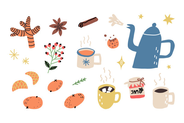 下午茶时间可爱套装。可爱的滚烫茶壶或水壶，一杯热茶，可可和小棉花糖，咖啡。浇头和温香料，如姜，肉桂，八角，果酱，柑橘，浆果。图片下载