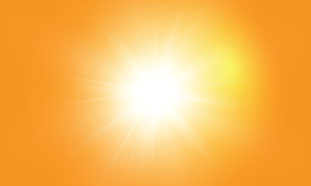 黄色背景上温暖的太阳。莱托。bliki太阳射线。О黄色背景范围。图片下载