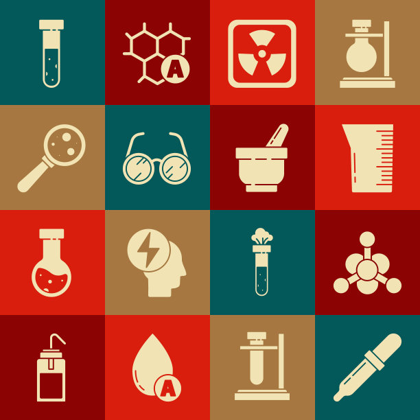 设置移液管，细菌，实验室玻璃器皿或烧杯，放射性，玻璃，微生物在放大镜下，试管和烧瓶化学和杵图标。向量图片下载