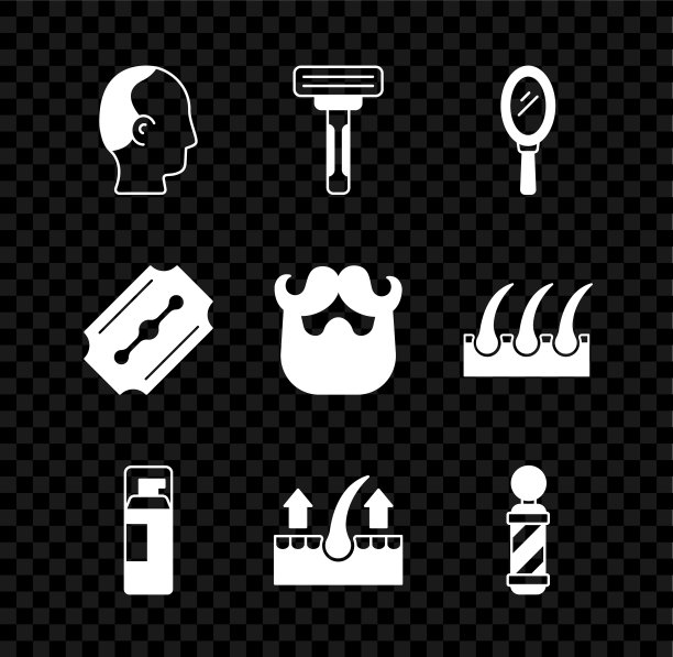 集秃头，剃须刀，手镜，凝胶泡沫，人的头发毛囊，经典理发店杆，刀片和胡子胡子图标。向量图片下载