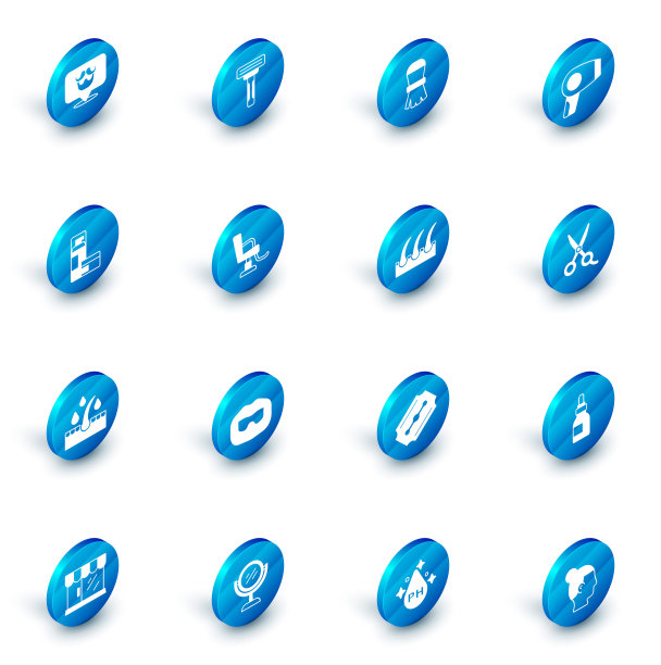 集剃须刀，梳子，电吹风，啫喱泡沫，护发油，理发店椅子，剪刀，发型师和人体毛囊图标。向量图片下载