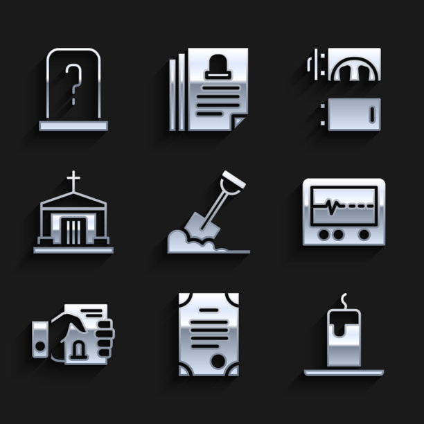 地上有铁锹，死亡证书，燃烧的蜡烛，打死监视器，手，老地窖，火葬场和墓碑图标的坟墓。向量图片下载