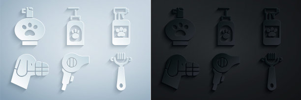 设置电吹风，宠物洗发水，狗在口，狗和猫刷，图标。向量图片下载