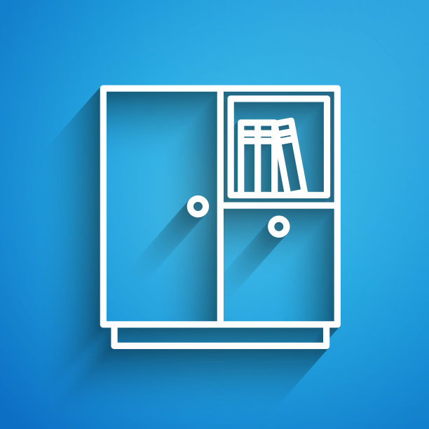 白线衣柜图标孤立在蓝色背景。长长的阴影。向量图片下载