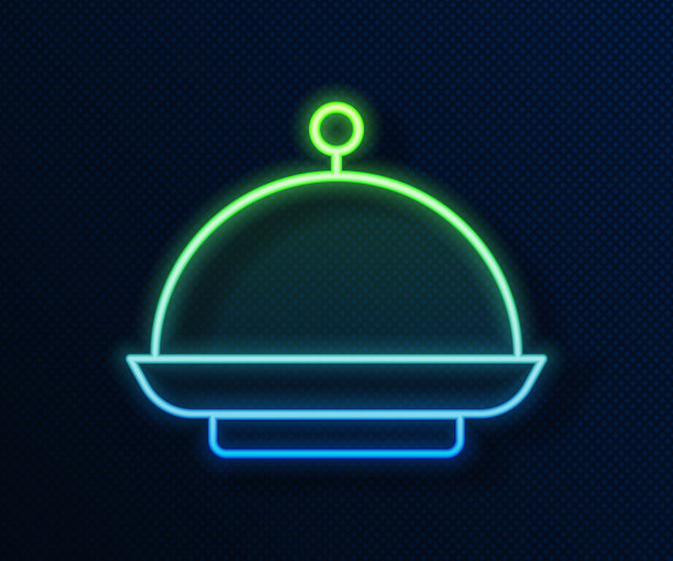 发光的霓虹灯线覆盖着圣诞餐盘图标孤立在蓝色背景上。托盘和盖子的标志。圣诞快乐，恭贺新禧。向量图片下载