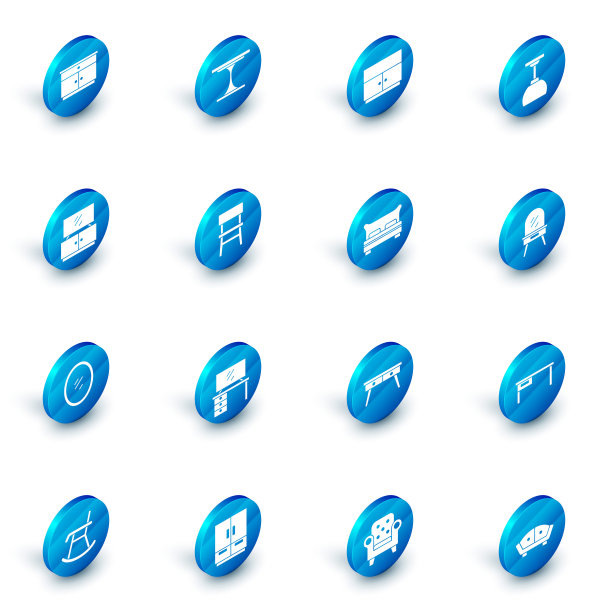 设置圆桌，衣柜，吊灯，电视支架，镜子，椅子，梳妆台和大床图标。向量图片下载