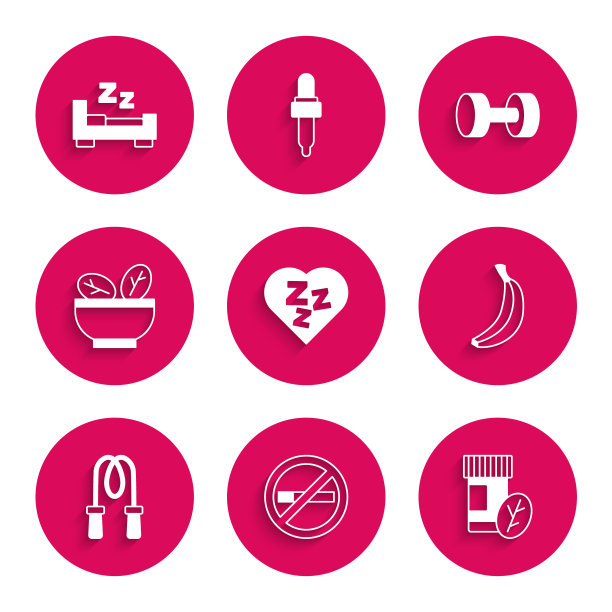 设置瞌睡，不吸烟，维生素片，香蕉，跳绳，沙拉碗，哑铃和睡觉时间图标。向量图片下载