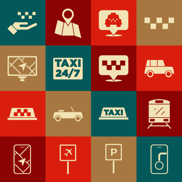 设置城市地图导航，火车，汽车，定位与出租车，Gps设备，手和图标。向量图片下载