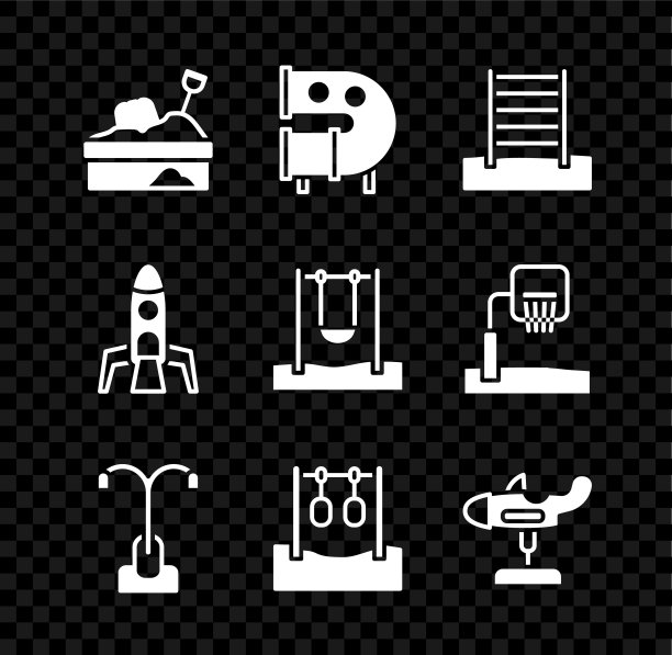 Set Sandbox with sand, Kid playground slide pipe, Swedish wall, Street light, Gymnastic rings, Swing plane, Rocket ship and icon. Set Sandbox with sand, Kid playground slide pipe, Swedish wall, Street light, Gymnastic rings, Swing plane, Rocket ship and icon。向量图片下载