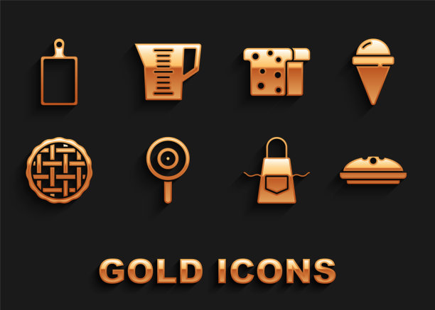 设置棒棒糖，冰淇淋在华夫饼筒，自制派，厨房围裙，面包吐司，砧板和量杯图标。向量图片下载