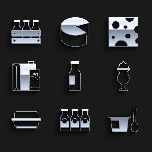 设置牛奶瓶，酸奶容器勺子，奶昔，黄油黄油碟，纸包装，奶酪和瓶装木盒图标。向量图片下载