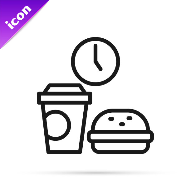 黑线快餐时间图标隔离在白色背景。向量图片下载