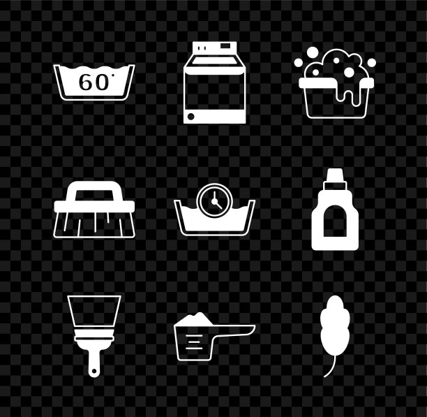 设置温度洗涤，洗衣机，盆与肥皂泡沫，橡胶清洁剂的窗户，洗衣粉，羽毛，刷清洁和时间图标。向量图片下载