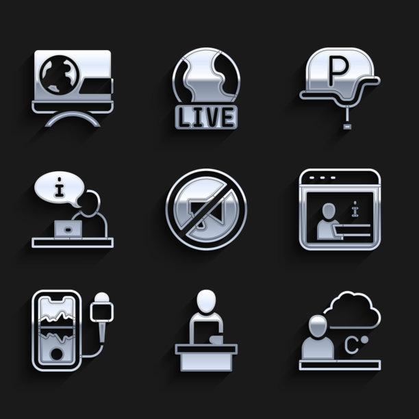 设置审查邮票，突发新闻，天气预报，信息，移动记录，电视报道，战争记者和图标。向量图片下载