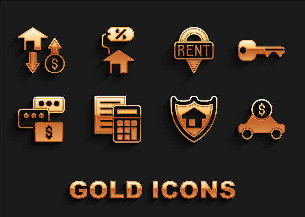 设置计算器，房子钥匙，汽车租赁，盾，价格谈判，位置，美元和百分比图标。向量图片下载