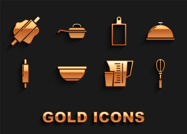 Set Bowl, Covered with a tray of food, Kitchen whisk, measurement cup, Rolling pin, Cutting board, and Frying pan icon. Set Bowl, Covered with a tray of food, Kitchen whisk, measurement cup, Rolling pin, Cutting board, and Frying pan图标。向量图片下载