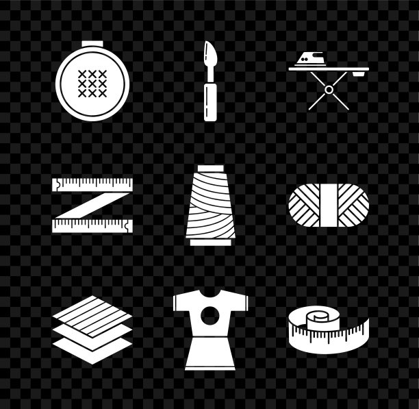 设置圆形可调绣花箍，刀具，电熨斗和熨衣板，纺织织物卷，妇女服装，卷尺，和缝纫线轴图标。向量图片下载