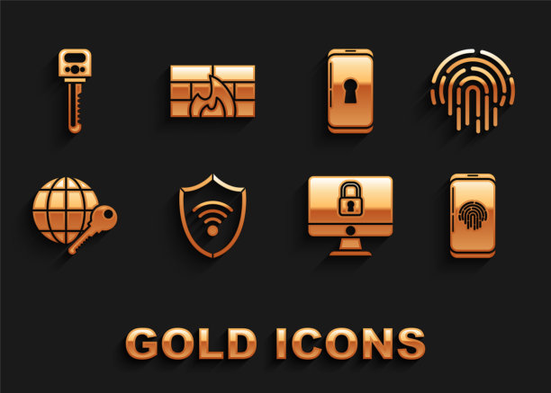 设置屏蔽WiFi无线互联网，指纹，智能手机指纹扫描仪，锁定电脑监视器屏幕，全球钥匙，锁，钥匙和防火墙，安全墙图标。向量图片下载
