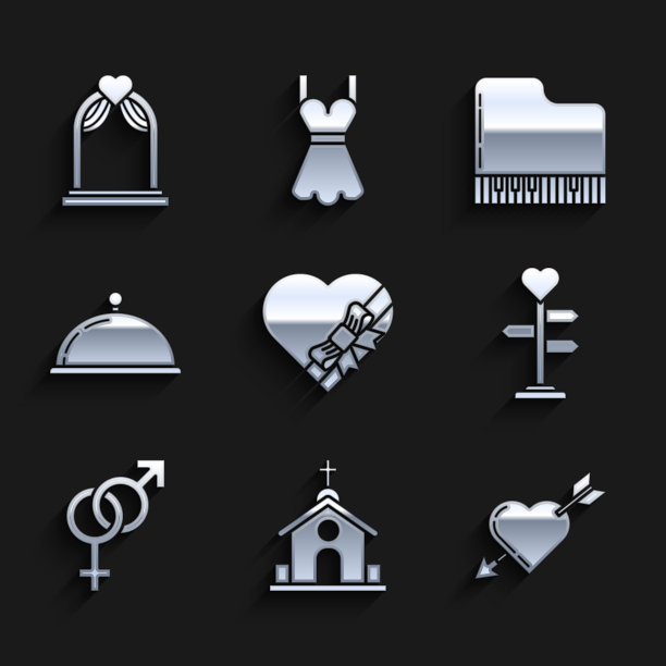 设置糖果在心形盒子和弓，教堂建筑，爱的象征与箭，路标，性别，覆盖托盘的食物，大钢琴和婚礼拱门图标。向量图片下载
