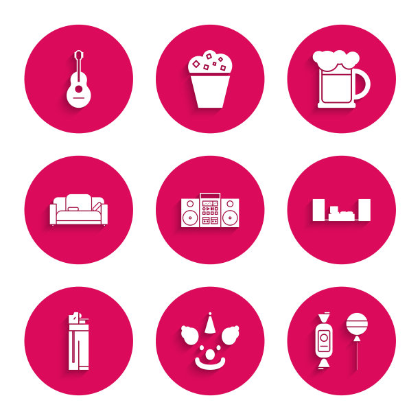 设置家庭立体声与两个扬声器，小丑头，棒棒糖，打火机，沙发，木制啤酒杯和吉他图标。向量图片下载