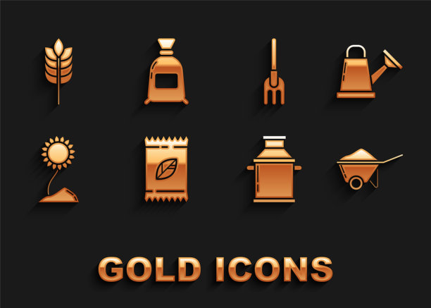 设置一包装满了特定植物的种子，浇水罐，手推车与泥土，牛奶罐容器，向日葵，花园耙子，谷物大米，小麦，玉米，燕麦，黑麦和袋面粉图标。向量图片下载