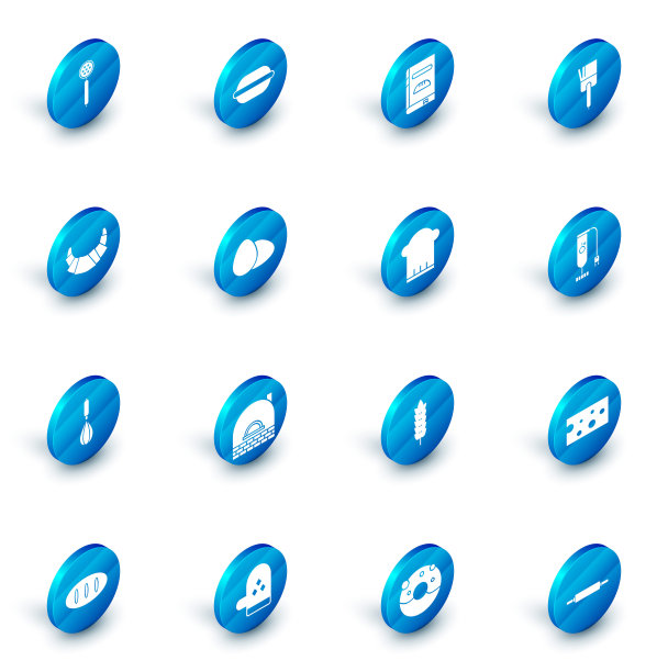 设置马卡龙饼干，烹饪书，厨房刷，羊角面包，打蛋器，鸡蛋，搅拌机和厨师帽子图标。向量图片下载