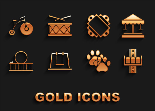 设置秋千，吸引旋转木马，爪印，过山车，门票，古董自行车与一个大轮子和一个小鼓鼓棒图标。向量图片下载