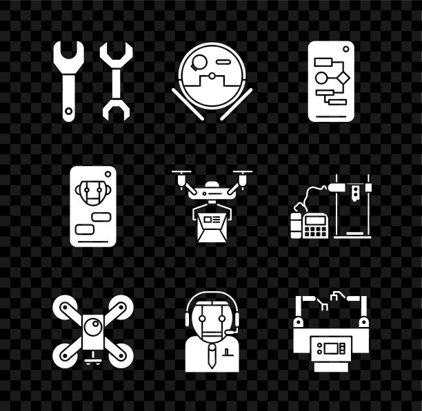 设置扳手，机器人吸尘器，算法，无人机飞行与行动摄像头，工人机器人，装配线，机器人和交付概念图标。向量图片下载