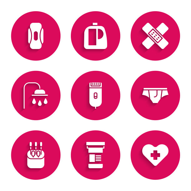 配备电动理发器或剃须刀，药瓶，心脏与十字架，内衣，棉签耳朵，淋浴头，交叉绷带石膏和卫生巾图标。向量图片下载