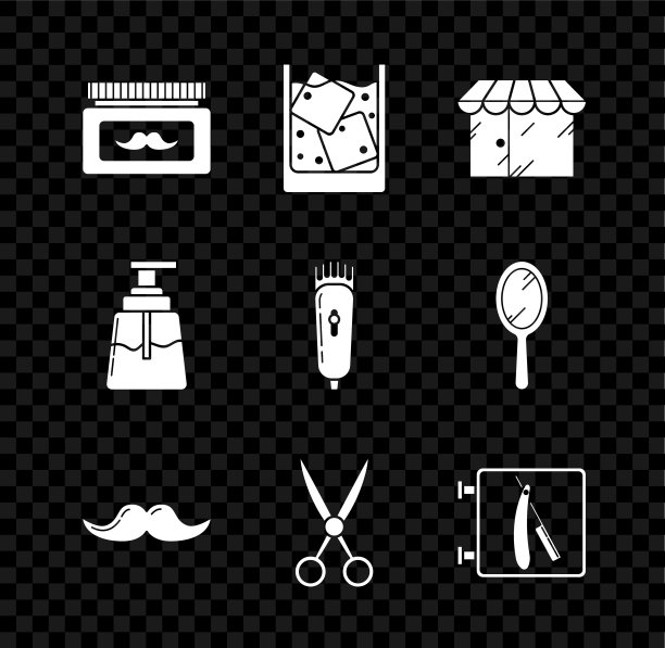 集霜或乳液化妆瓶，一杯威士忌和冰块，理发店大楼，胡子，剪刀，剃须刀，须后水和电动剃须刀图标。向量图片下载