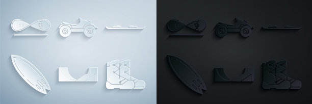 设置滑板公园，滑雪板，冲浪板，靴子，所有地形车辆或ATV摩托车和滑板把戏图标。向量图片下载