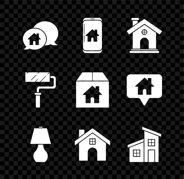 集语音泡泡房屋建筑，智能家居手机，台灯，油漆滚筒刷和纸箱房屋图标。向量图片下载