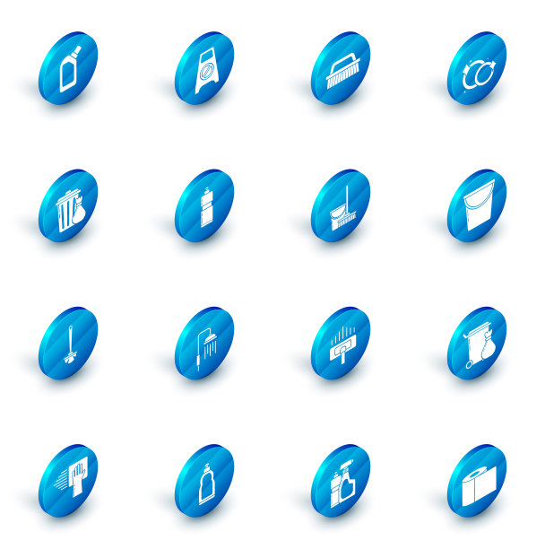 设置湿地板和正在进行的清洁，刷，洗碗，垃圾桶垃圾袋，马桶刷，塑料瓶液体洗碗液，水桶和拖把桶图标。向量图片下载