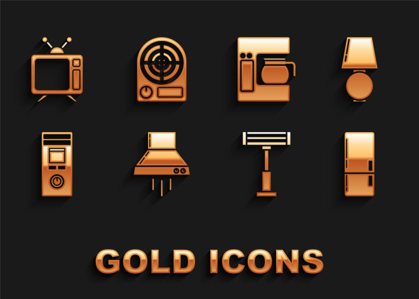 集厨房风扇，台灯，冰箱，电加热器，遥控器，咖啡机，电视和图标。向量图片下载