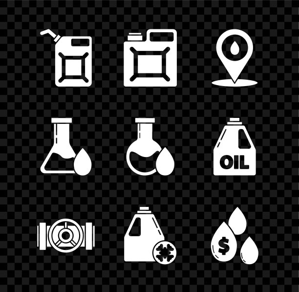 汽油罐、汽油燃料位置、工业金属管道和阀门、防冻剂罐、带美元符号的油滴、试管和图标矢量素材图片下载