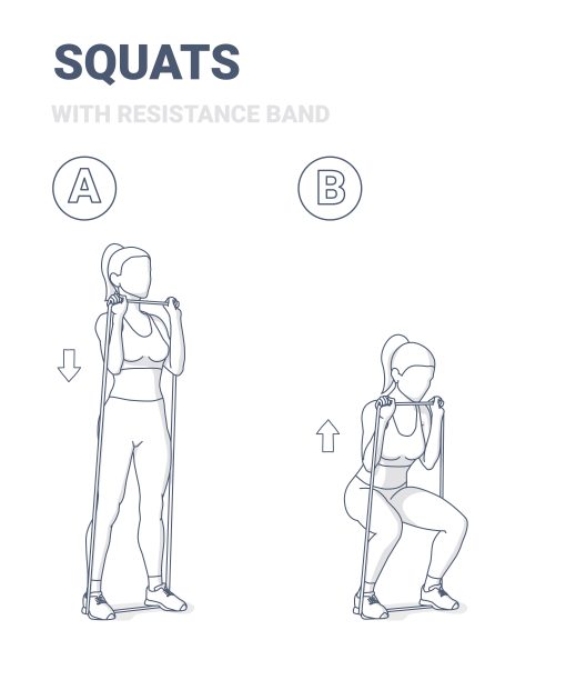 女孩做深蹲在家锻炼与橡胶阻力带设备指导图片下载