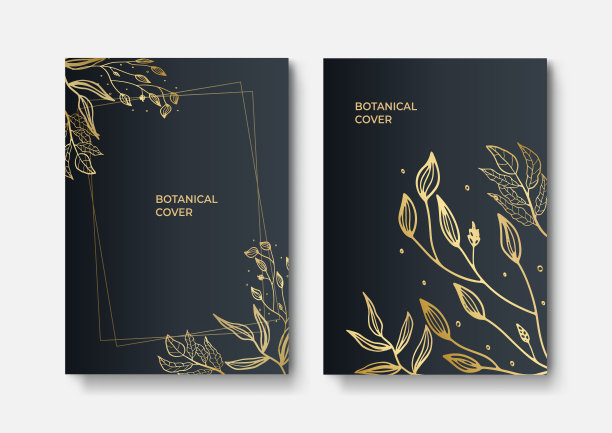 一套精美的小册子，卡片，封面。黑色和金色的大理石纹理。古董金色背景。几何框架。棕榈奇异的叶子。植物的艺术图片下载