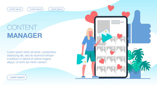 内容管理器用信息填充帐户。一名女子手中拿着一张照片，并通过智能手机上传。背景是“赞”和“赞”。平面向量插图。图片下载